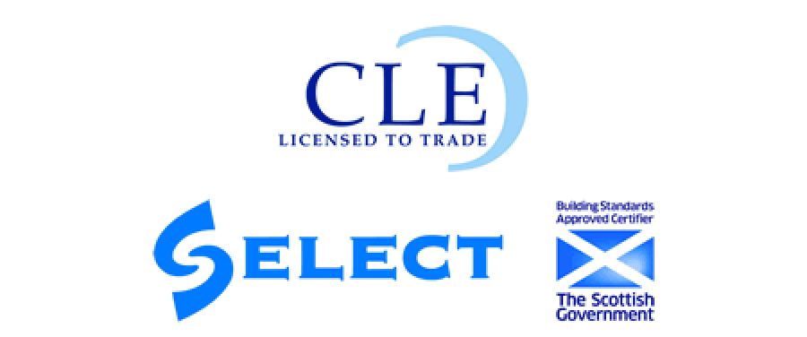 Logos: CLE Licensed to Trade, Select, Building Standards Approved Certifier - The Scottish Government.